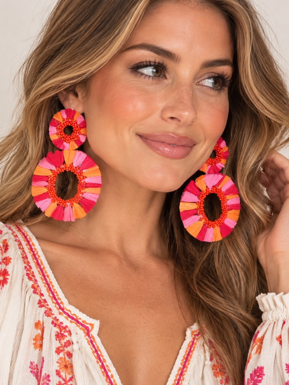Lightweight Boho Pink & Orange Raffia Double Hoop Earrings + Beaded Details NWT